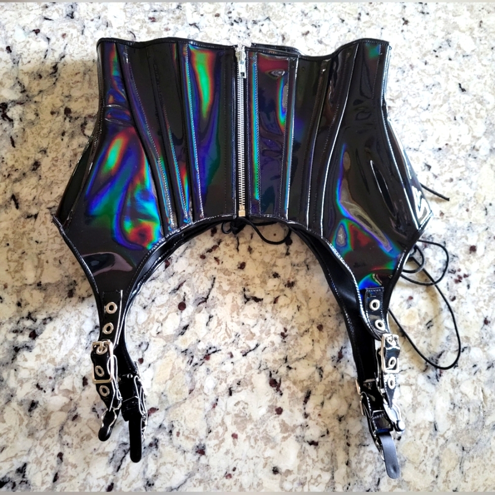 Artifice Clothing Black Holographic PVC 4 Garter Corset